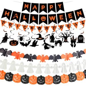 Halloween Decorations Indoor Party Decor, HAPPY HALLOWEEN Accessories with TRICK OR TREAT Banner, 3 PCS Large Garland Bat Ghost Pumpkin, Hanging Party Supplies Backdrop for Home Office Classroom