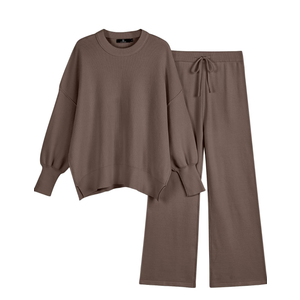LILLUSORY Women 2 Piece Outfits Sweatsuit Oversized Knit Pullover Sweater Tops Wide Leg Pants Lounge Set Nutmeg M