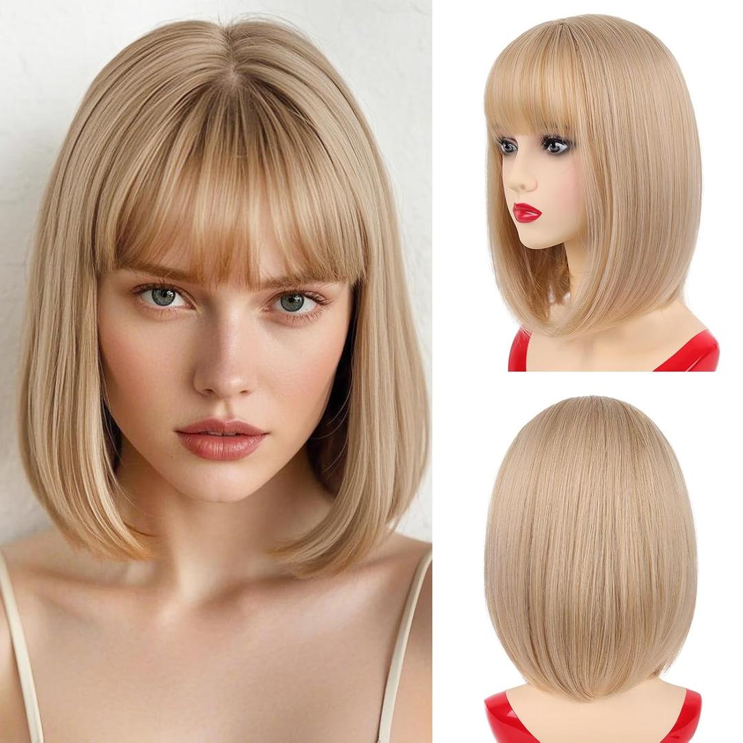 NOTICEME 14 Inch Blonde Bob Wig with Bangs, Short Straight Synthetic Heat Resistant Wigs for Women with Adjustable Straps & Wig Cap for Party Cosplay Daily Use