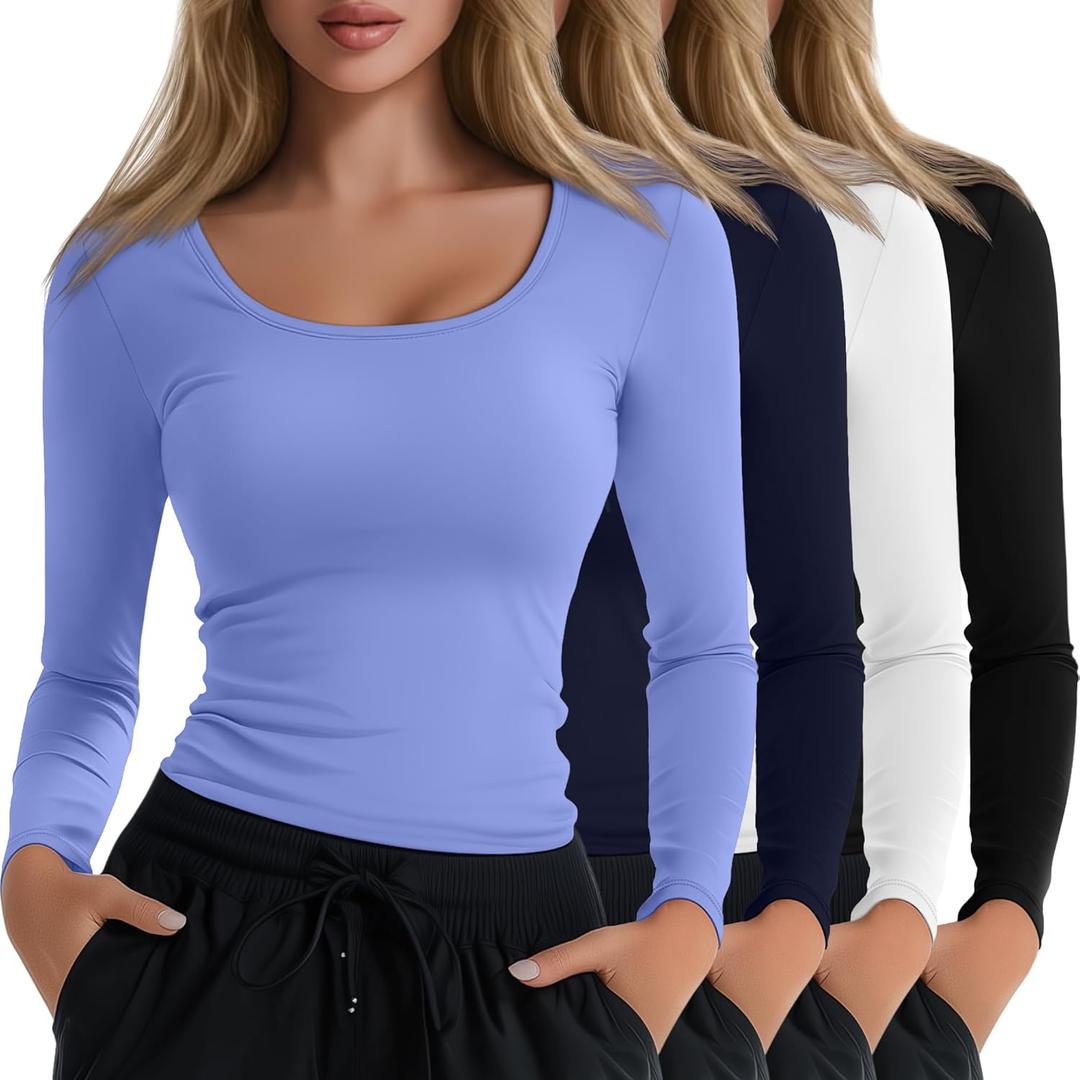 4 Pack Women's Underscrub T-Shirts, Long Sleeve 65% Cotton Tees Slim Fit Scrub Tops Scoop Neck Basic Layer Shirts (Black, White, Navy Blue, Blue Purple)