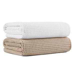 MICROFI New Microfiber Waffle Bath Towels, 2 Pieces, Oversized, Soft, Absorbent, Fast Drying, Lint Free 430 GSM (Beige+White)