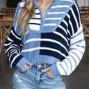 Saodimallsu Womens Striped Cropped Sweater Color Block Zip Up Long Sleeve Mock Neck Loose Pullover Jumpers