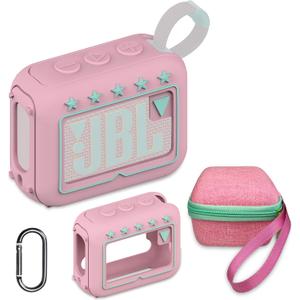 JCHPINE Silicone Cover and Hard Travel Case for JBL Go 4 Ultra Portable Bluetooth Speaker, Accessories for JBL Go 4 Pro Sound Bluetooth Speaker Stand Up Holder (Pink Case)
