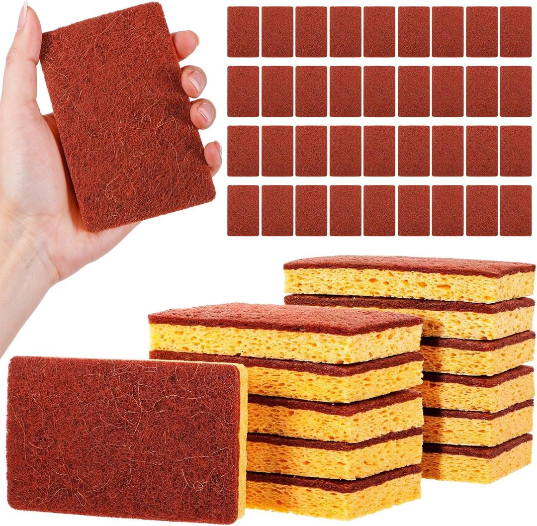 48 Pack Natural Plant Based Scrub Sponge, Palm Fiber Scrubbing Sponge with Non Scratch Sponges,Long Lasting No Smell Dish Washing Kitchen Scrubber