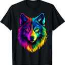 Colorful Wolf Face Wild Animal Lover Men Women Black T-Shirt (Small)