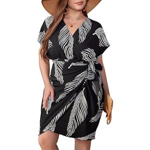 Women's Plus Size Leaf Print Dress V Neck Wrap Tie Side Short Sleeve Boho Short Dress, Oversized, Size 4XL