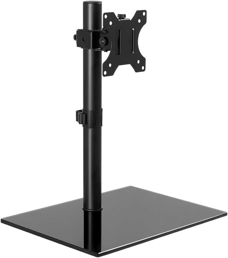 Single Computer Monitor Stand Glass Base Free Standing Desk Vesa Mount for 13 inch to 32 inch Screen Height Adjustable Monitor Mount Full Motion Swivel Vesa 75 * 75mm/100 * 100mm Hold up 17.6Lbs