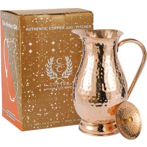 Pure Copper Pitcher with a Lid, Large Size Solid Handcrafted Copper Water Hammered Jug, Capacity 70 Oz/2000ml, Copper Carafe For Home, Hotels & Gifting