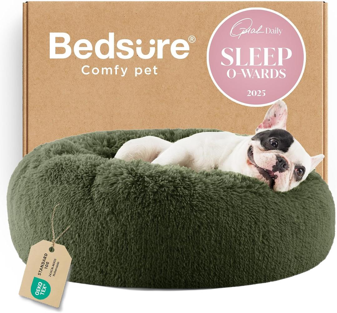 Bedsure Calming Dog Bed for Small Dogs - Donut Washable Small Puppy Bed, 23 inches Anti-Slip Round Fluffy Plush Faux Fur Large Cat Bed, Fits up to 25 lbs Pets, Rifle Green