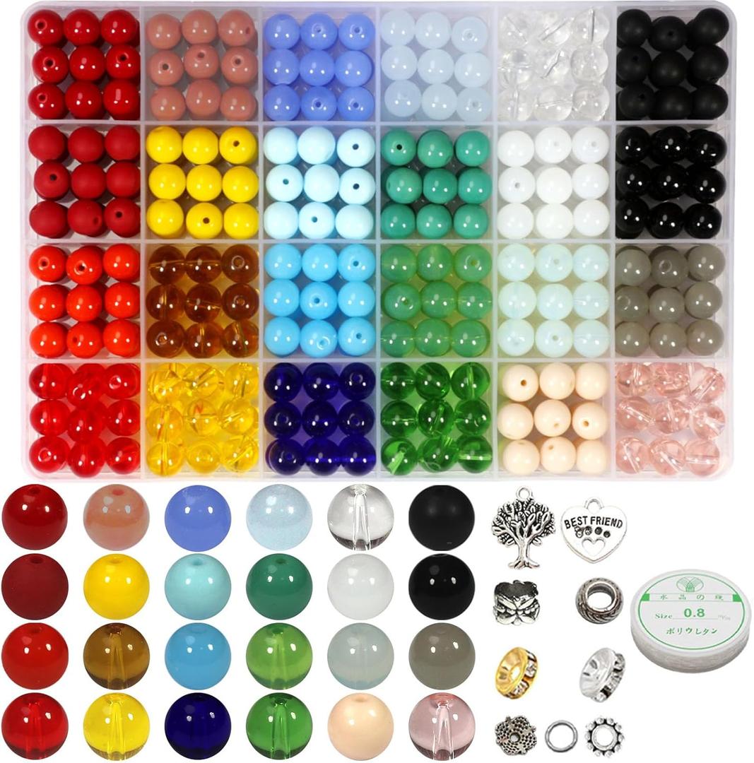 600pcs 10mm Glass Beads Set Assorted Handcrafted Round Smooth Loose Bracelet Beads Cute Kawaii Beads Bulk for DIY Crafts Jewelry ZH118