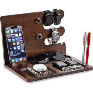 Walnut Wood Men's Organizer, Desk & Nightstand Tray, Phone Stand, Watch Display, Gift for Men, Dad, Husband, Brother, Grandpa