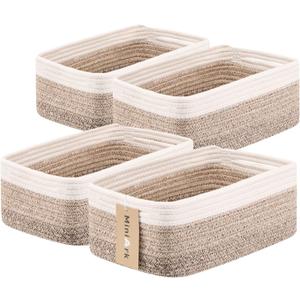 Small Storage Baskets for Organizing | Closet Organizer Bins | Shelf Toy Basket | Woven Rope Baskets | Cube Decorative Box | Shallow Basket | 13x8.5x5.1 | 4 Packs Gradient Brown