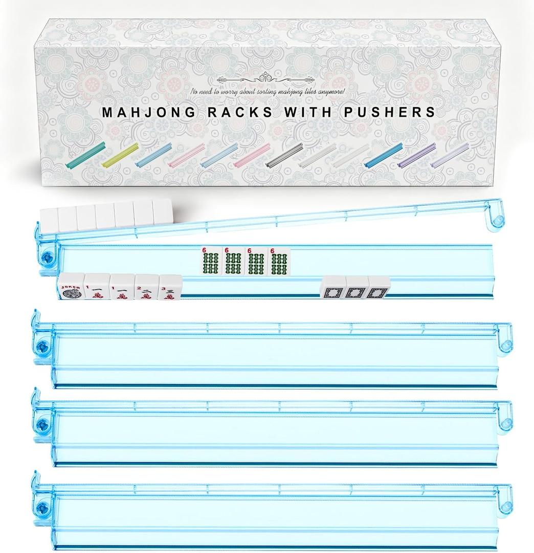 Premium Clear Mahjong Racks with Pushers, 4-Pack Non-Slip Acrylic Racks | Non-Slip Base Design,Gift-Ready Packaging, Multiple Color Options, American Mahjong Accessories, Mahjong Night Gift, Standard