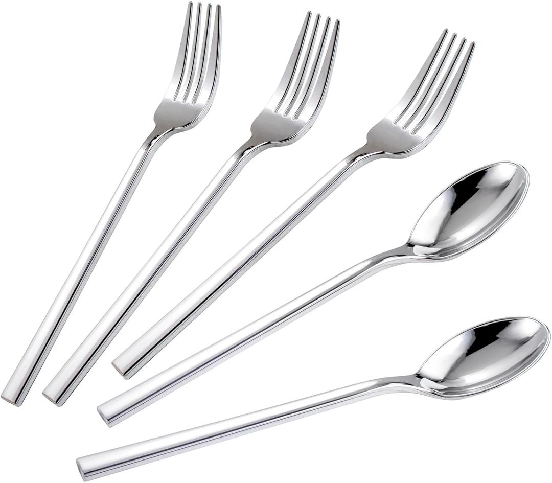 DaYammi 150 Pcs Silver Plastic Forks and Spoons, Heavy Duty Plastic Flatware, Disposable Cutlery, Silver Disposable Silverware include: 75 Forks, 75 Spoons for Dinner Party Wedding