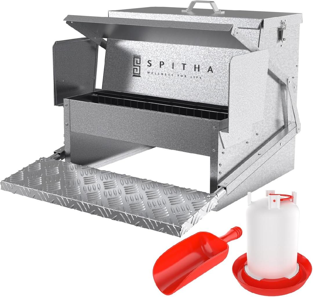 Automatic Chicken Feeder-Chicken Coop Accessories 40 lbs Treadle Chicken Feeders No Waste Steel Poultry Feeder Rodent Proof Weatherproof Comederos para Gallinas Supports 8-13 Chickens 12 Day