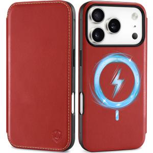 SHIELDON Slim Genuine Leather Case Wallet for iPhone 17 Pro 6.3-inch 2025 | Folio | Wireless Charging | Magnetic | RFID Blocking Credit Card Slot | Shock-Absorbent Phone Holder Cover | Retro Red
