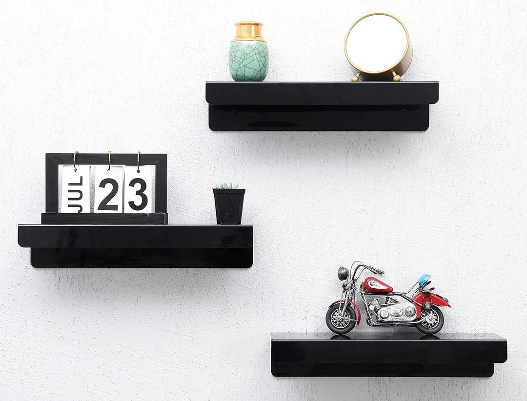 IEEK 15 Inch Black Acrylic Floating Wall Ledge Shelf,Wall Mounted Nursery Kids Bookshelf,5MM Thick Home/Office/Bathroom Storage Shelves Display Organizer Set of 3