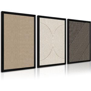 Boho Modern Wall Art Pictures Neutral Abstract Canvas Wall Decor Minimalist Line Wall Art Beige Brown Black Poster Mid Century Painting Artwork for Living Room Bedroom 12x16x3 Inch Wood Framed, Brown Modern Art
