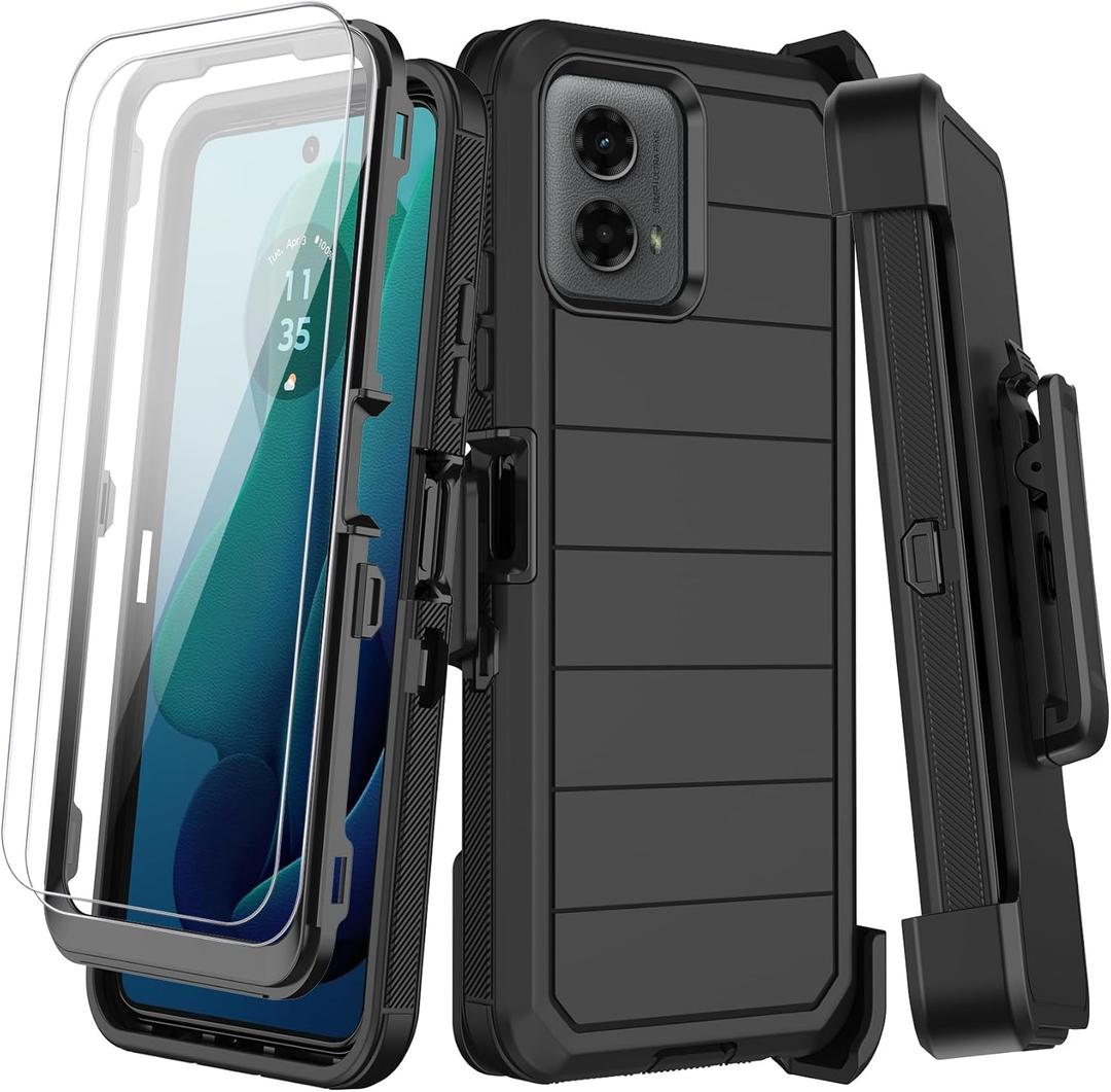 for Motorola Moto G 5G 2024 Case with Belt Clip Holster, 2X Screen Protector, Heavy Duty Shockproof Drop Protection Military Grade Rugged Full Body Phone Cover with Kickstand (Black)