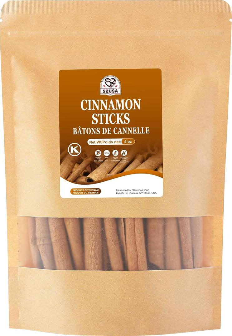 4 x 52USA Cinnamon Sticks, Cinnamon 4 oz (113g), Whole Cinnamon Sticks, 100% Raw, Kosher Certified, Gluten Free, Pure & Fresh Cinnamon, Perfect for Baking, Cooking & Beverages