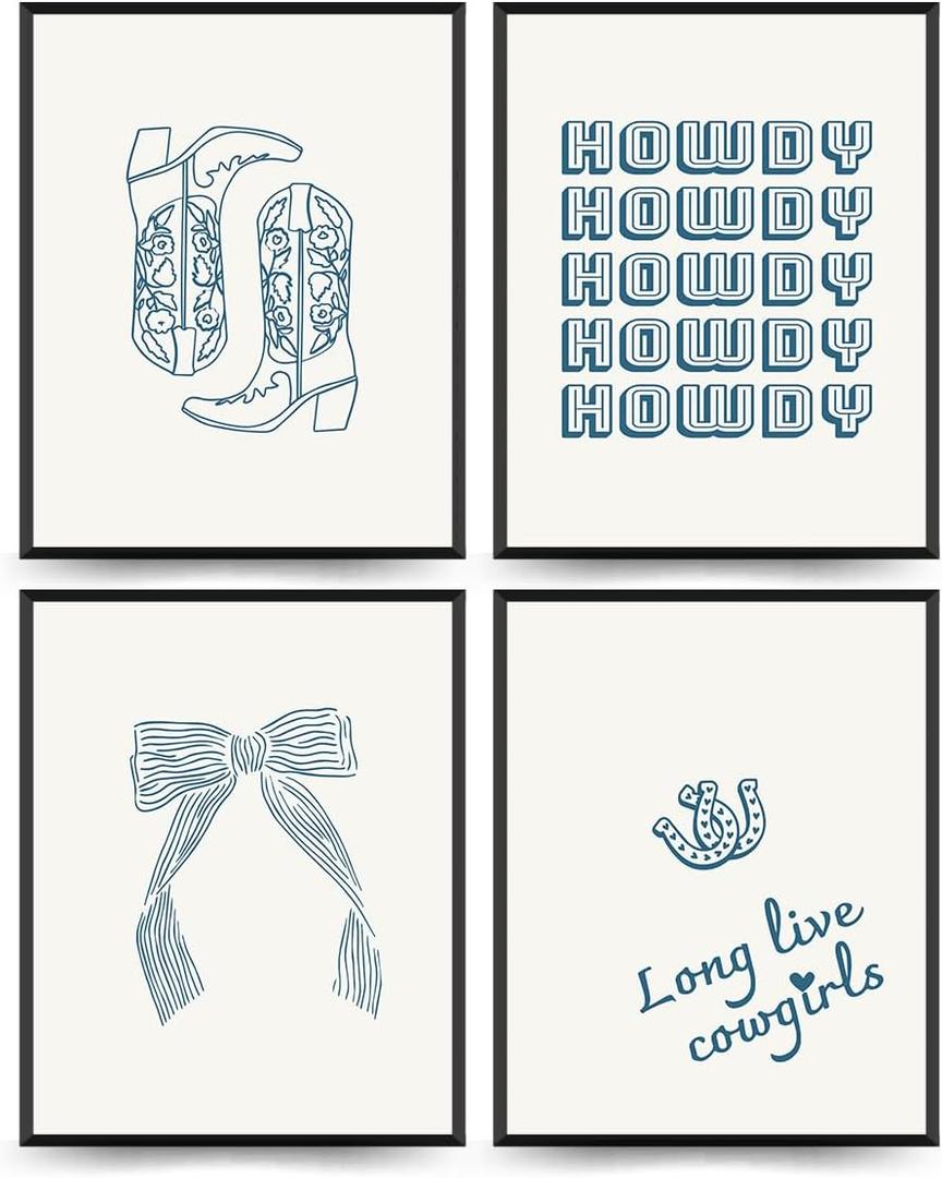 PLKMN Coastal Cowgirl Wall Art Prints Set of 4, Navy Blue Bow Coquette Trendy Preppy Room Decor, 8x10 Unframed