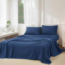 JIYUAN 100% Washed Cotton Sheet Set 4 Pieces Queen,1 Fitted Sheet,1 Flat Sheet and 2 Pillowcases, Comfy and Breathable Linen Like Bedding Set, Blue