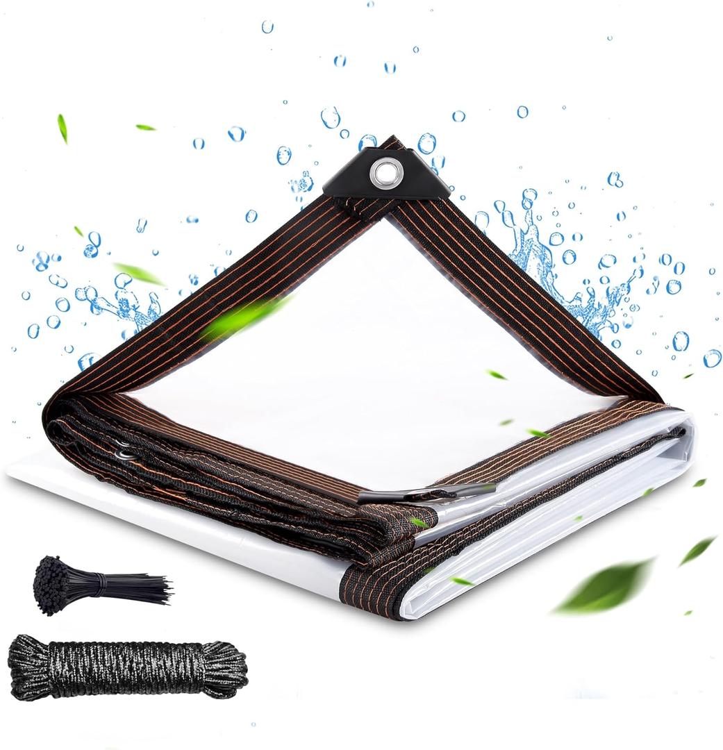 Clear Thicken Waterproof Tarp, 6.5 x 6.5 FT Rainproof Covering, Heavy Duty Anti Tear Tarp with Grommets, Windproof and Snowproof Poly Tarpaulin for Patio, Plants, Henhouse, Garden, Porch