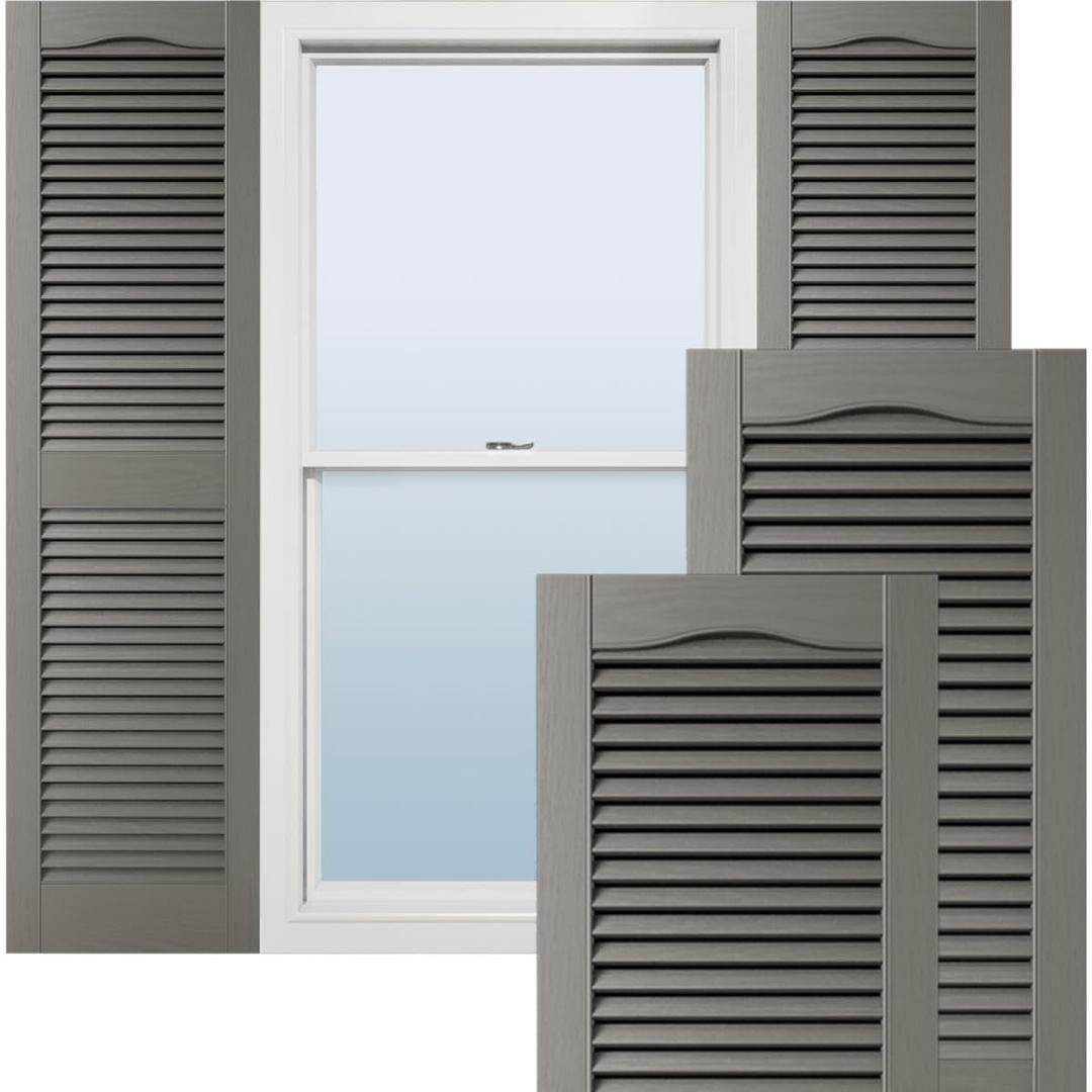 14 1/2"W x 59"H Lifetime Vinyl, TailorMade Cathedral Top Center Mullion, Open Louver Shutters, w/Shutter-Loks (Per Pair), Tuxedo Grey