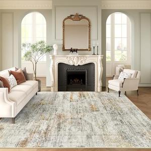 Soalmost Washable Area Rug 8x10, Large Soft Abstract Rugs for Living Room Vintage 8x10 Area Rugs for Bedroom Dining Room Non-Slip Stain Resistant Under Table Gray Rust Rug