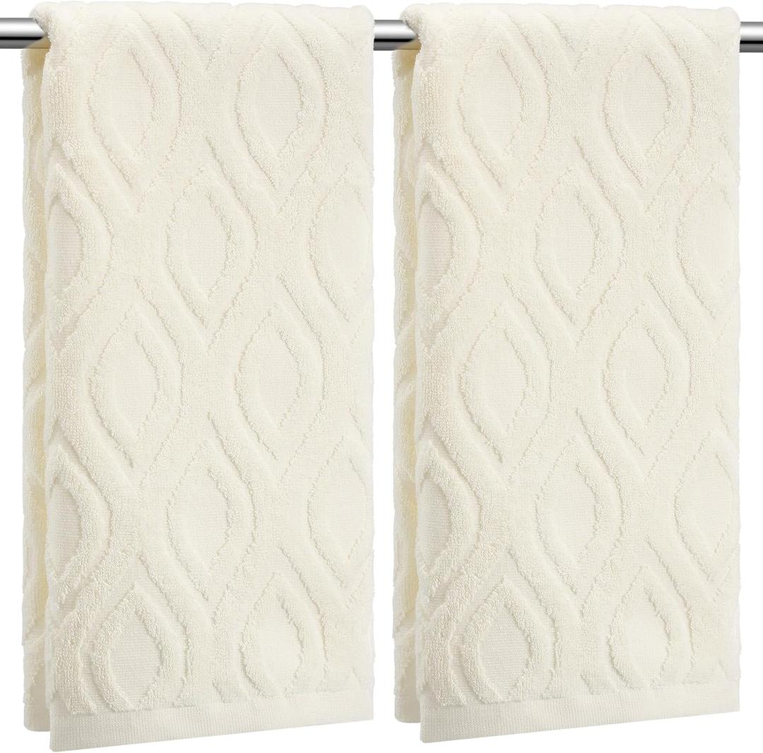 SmoothNovelty 2 Pcs Cream White Jacquard Hand Towels for Bathroom Geometric Hand Towels 100% Cotton Absorbent Decorative Weave Bath Washcloth Bathroom Decor Gift, 13.7 x 29.5 Inch