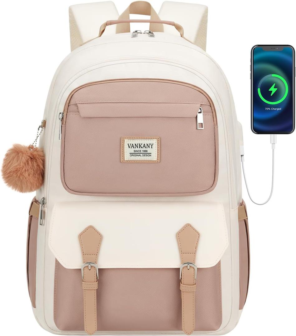 School Backpack for Teen Girls, Aesthetic Schoolbag for Middle School High School, Cute Laptop Bookbag for College Women Students Mochilas Nias, Khaki Beige (15.6in)