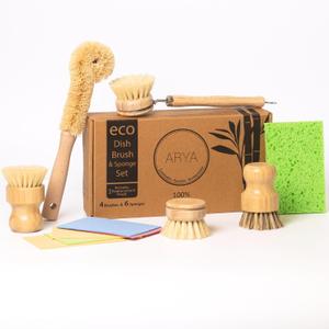 Wooden Dish Brush Set | 4 Kitchen Washing Up Brushes & One Replacement Head | Bamboo & Natural Fibers | Eco Friendly Wooden Pot Brush Scourer Scrubber Sponge Alternative