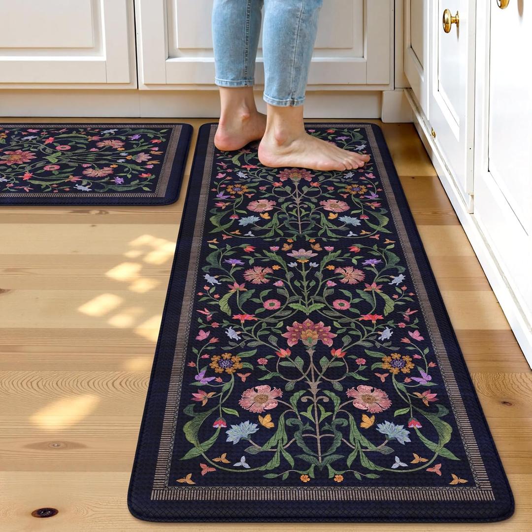 Collive Anti Fatigue Kitchen Mats, Cushioned Kitchen Rugs Set of 2 Waterproof Non Slip Desk Mat, Comfort Standing Rug Vintage Floral Carpet for Office, Sink, Laundry, 17.3"x29"+17.3"x47", Purple/Blue