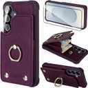 Wallet Case Compatible for Galaxy S25 with Card Holder, Shockproof Protective Cover 360Rotation Ring Stand and RFID Blocking for Samsung Galaxy S25 6.2 inch, Dark Purple