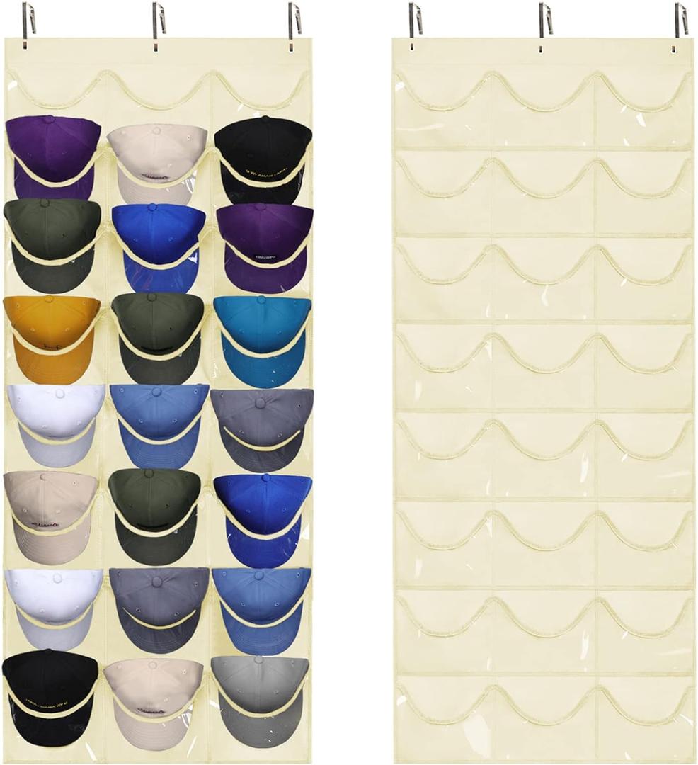 Dofilachy Hat Rack - Hat Organizer - Hat Racks for Baseball Caps, Visible Hat Holder - Baseball Hat Rack for Wall Door with 3 Hooks, 24 Deep Pockets (Beige,large)