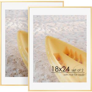 18x24 Metal Picture Frame For Wall With Mat For 16x20, 18''x24'' Aluminum Photo Frames With Tempered Glass For Home Decor, Minimalist Modern Poster Frame Horizontally Vertically Set of 2, Gold