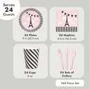 144-Piece Paris Party Supplies Set, Includes Plates, Napkins, Cups, and Cutlery, Ideal for Birthdays and Paris-Themed Parties (Pink & Black, Serves 24)