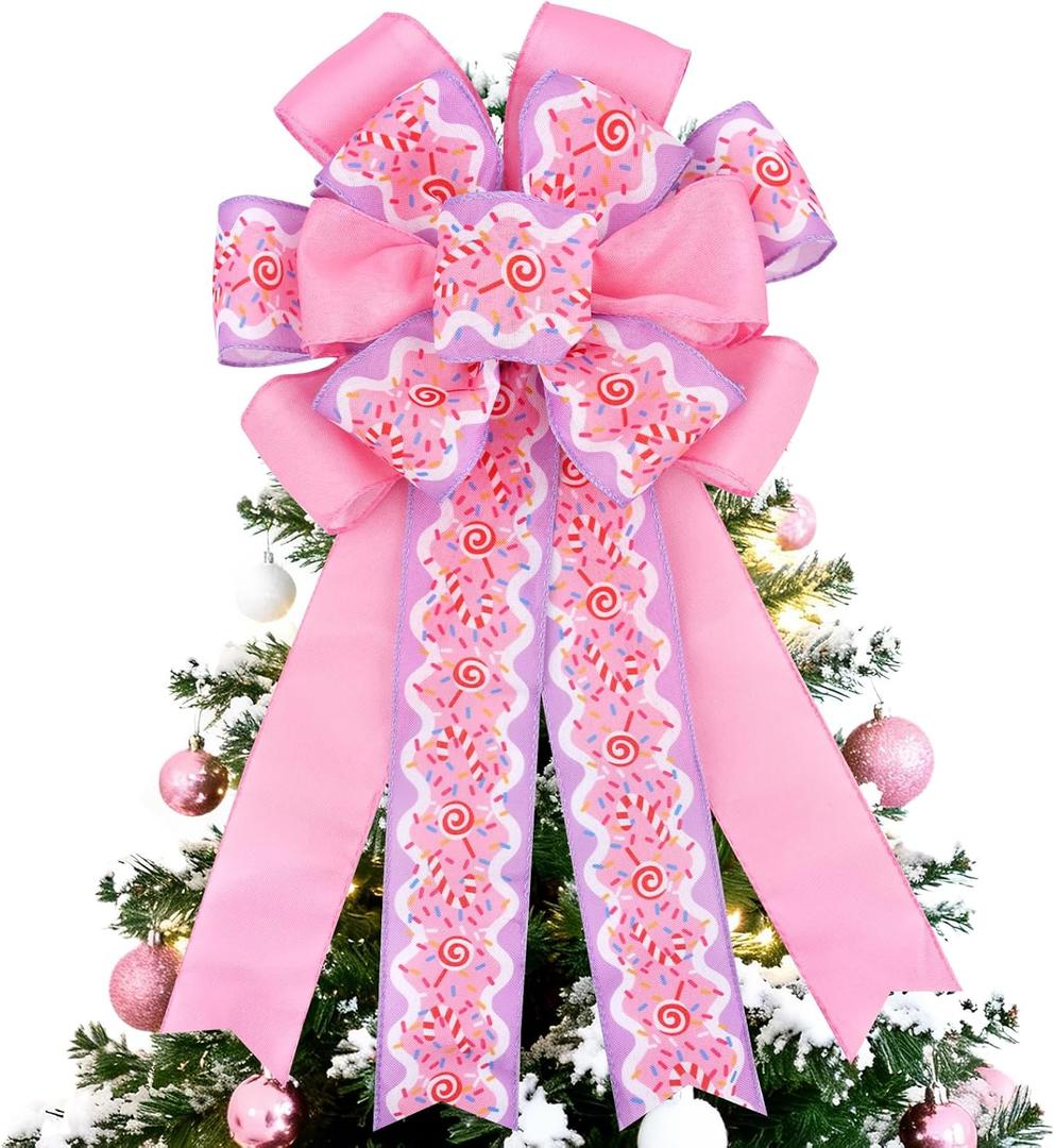Christmas Wreaths Bows, Pink Candy Cane Bows for Christmas Tree Topper Decoration, Large Christmas Bows for Wreaths for Front Door Holiday Party Outside Hanging Ornament