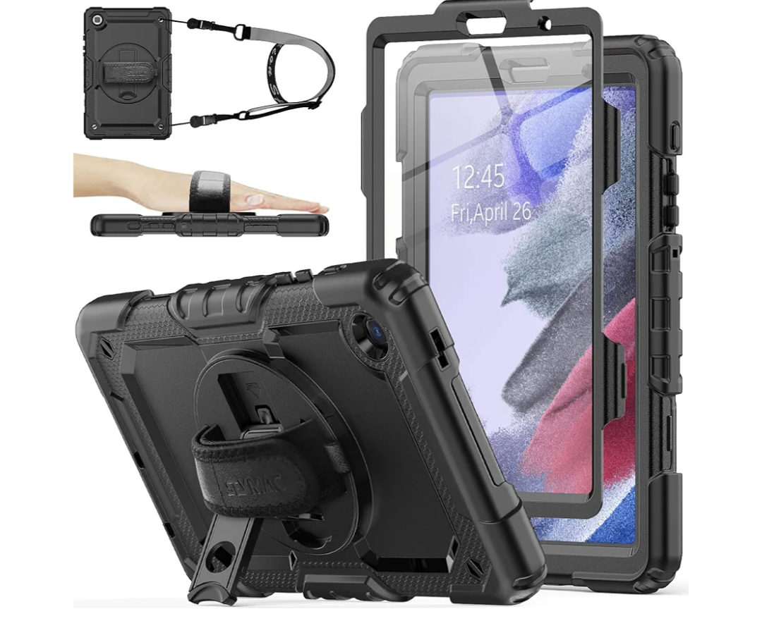 Case for Samsung Galaxy Tab A7 Lite 2021 8.7'' SM-T220/T225/T227 with Screen Protector Pencil Holder [360 Rotating Hand Strap] &Stand, SEYMAC stock Drop-Proof, Black