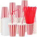 Fullhawl 50 Set Red Stripe Paper Cups Bulk with Lids and Straws Disposable Paper Cups for Circus Carnival Party 12 oz Drinking Birthday Supplies for Coffee Juice (Stripe)