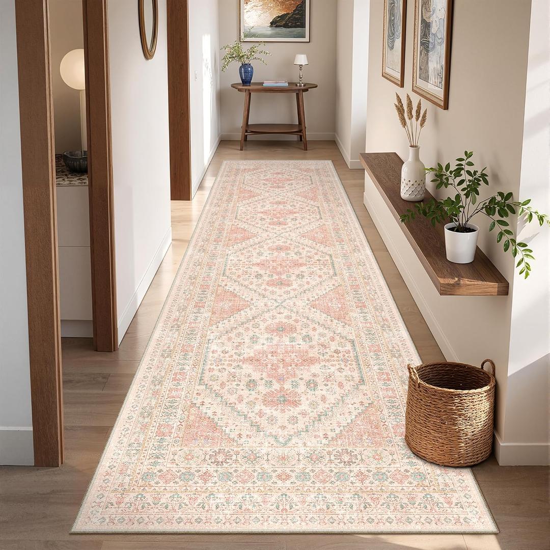 Runner Rug 2x8 Runners for Hallways Non Slip Washable, Vintage Hallway Runner Rugs for Living Room, Low Pile Soft Hallway Rug for Kitchen Bedroom Laundry Room Rug(Pink, 2'x8')
