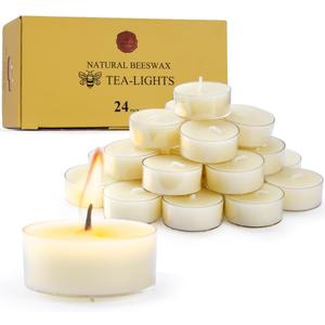 Natural Beeswax Tealight Candles - 24 pcs - Organic Small Candle Natural Scent Smokeless Clean Burning-White