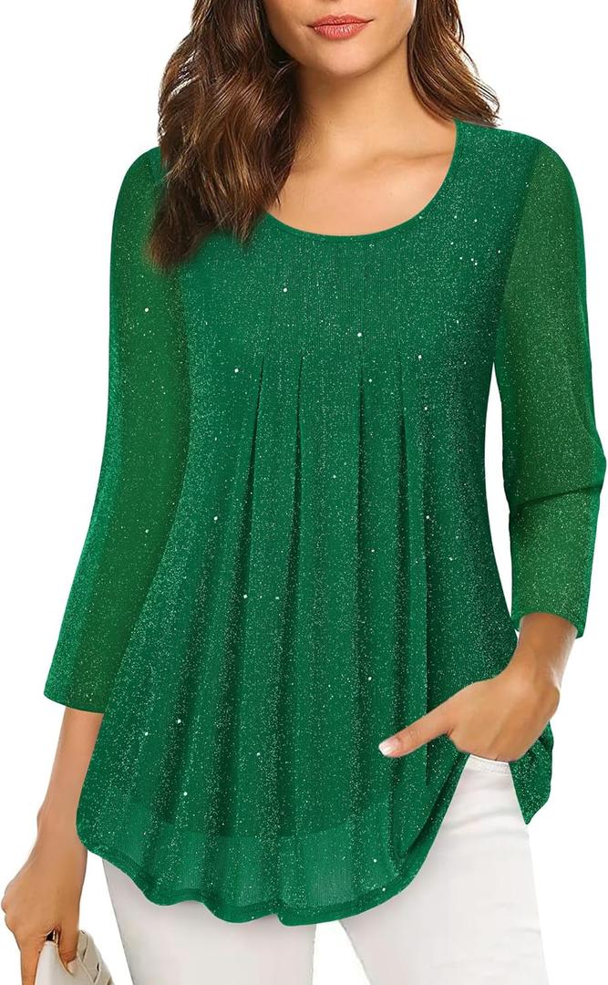 VALOLIA Women's 3/4 Sleeve Tunic Tops Casual Loose Fit Floral Blouses Mesh Pleated Layered Shirt (Large)