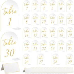 30 Sets Arch Wedding Table Numbers with Stands Gold Printed 1-30 Table Signs Clear Acrylic Table Number Display Stand for Wedding Reception Party Centerpieces Decor (4 x 6 Inch)