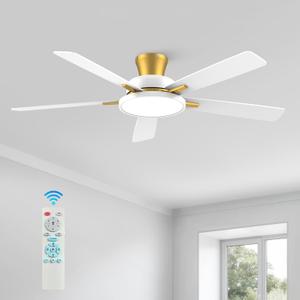 TALOYA 52 inch Ceiling Fans with Lights and Remote,Ultra Silent low profile Ceiling Fan with Three Color Temperature and Dimmable Light with Reversible Blades White Gold (52inch)