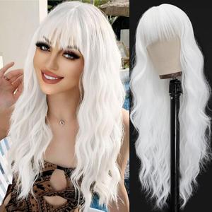Vomella Long Wavy White Wigs for Women 26 Inch White Wig with Bangs Natural Looking Synthetic Heat Resistant Wig for Halloween Daily Party Use (60)