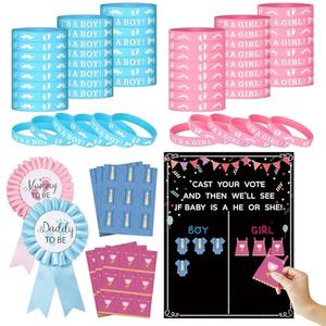 QKDS Gender Reveal Party Decoration, Gender Reveal Voting Stand Chalkboard Design with Voting Stickers, 54pcs Stickers 40pcs Silicone Wristbands for Revealing Party Baby Shower