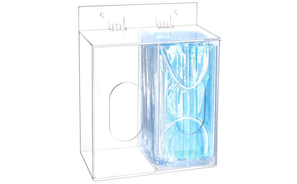 QWORK Acrylic Face Mask Dispenser Box - Clear Glove Holder with Lid, Disposable Masks, Gloves, Shoe Covers, Hairnets - Wall Mounted or Countertop (1 Pc)
