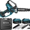BITOON 8-Inch Mini Chainsaw with 2PCS 3.0Ah Battery and Charger, Auto-Oiler, Brushless Cordless 8-Inch and 6-Inch 2-in-1 Pruning Chain Saw, Portable Electric Chainsaw for Cutting Wood, Branches Blue