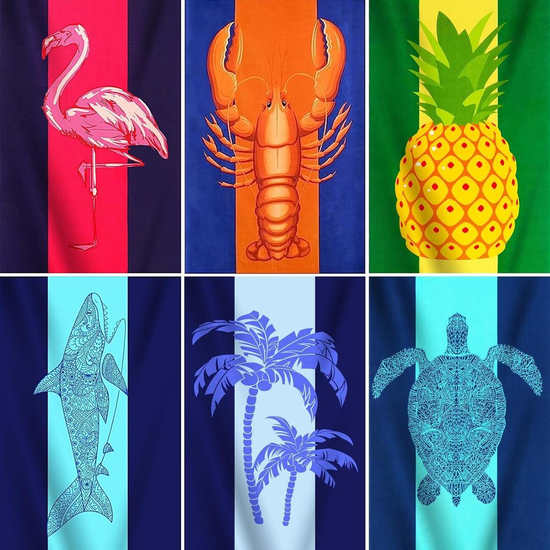 6 Packs Oversized Terry Beach Towel Set 36 x 72 Soft Thin Extra Large Big Pool Swim Camping Bulk Towels Blanket Clearance XL Travel Adult Essentials Accessories Must Haves Vacation Flamingo Lobster (Flamingo Pineapple Lobster Shark Tree Turtle)